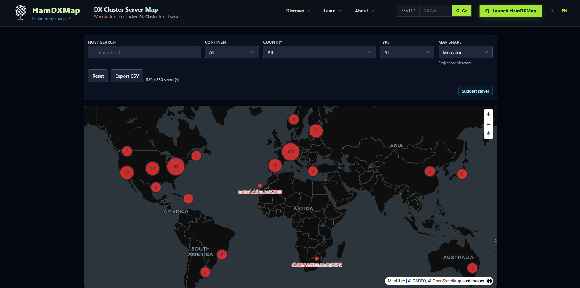Public DX Cluster servers map