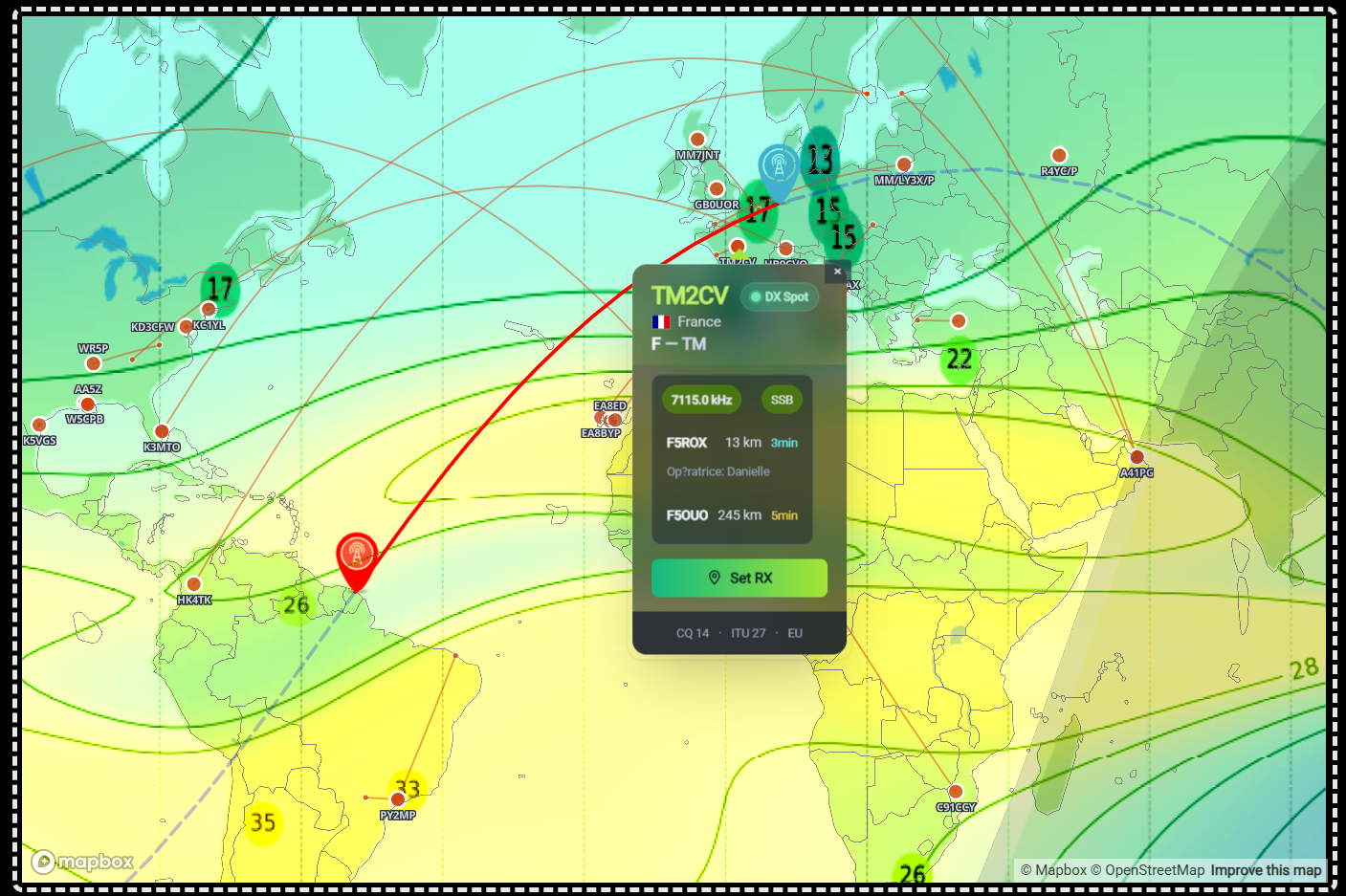DX Cluster spots with spotter connections on the map