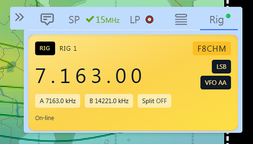 RIG tab showing live VFO frequency and mode